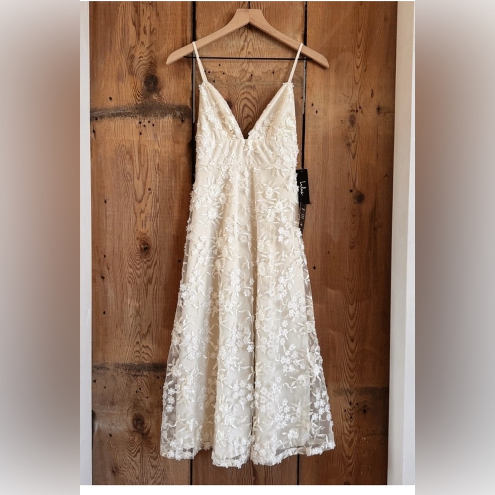 Sz XS Lulus Flourishing Kiss Cream Embroidered Floral Lace Midi Dress NWT